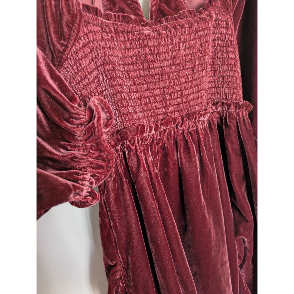 Free People Daphne Velvet Mini Dress Burgundy Wine Red Smocked M - Picture 4 of 7